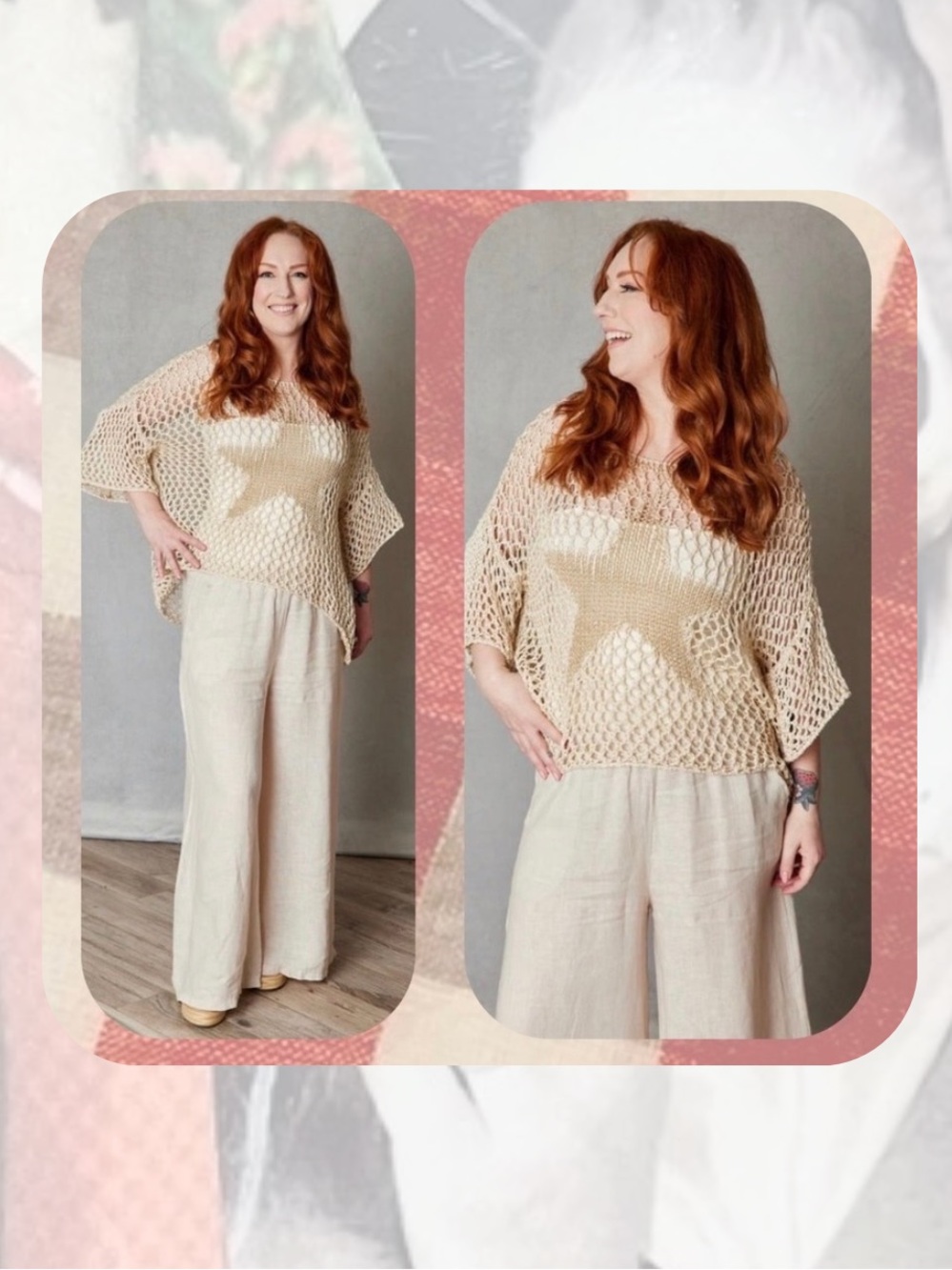 (one size) πnwtπ ivory & metallic gold high-low crochet star sweater